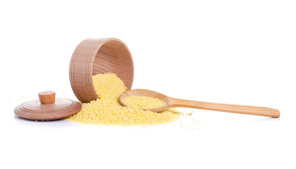 Peas in wooden bowl with lid and wooden spoon on white background isolation
