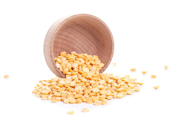 Peas in wooden bowl on white background isolation