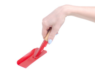 Garden shovel equipment in hand on white background isolation