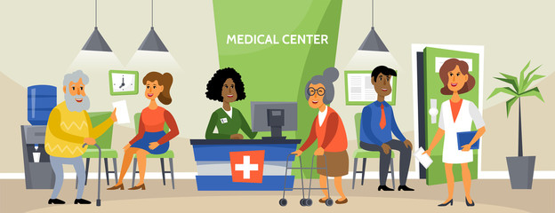 Fototapeta premium Clinic reception concept with patients waiting for doctor medical care.