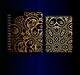 Two beautiful spring notebooks with a stylish print - a gold pattern; a pattern on a black background - a mandala. Idea for student notebook or business notebook
