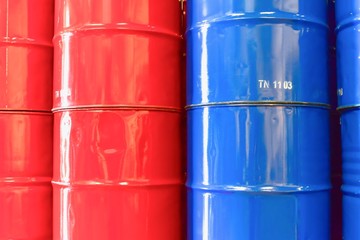 Blue and Red Industrial Chemical Drums