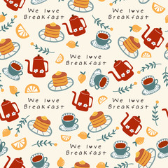 Hand drawn vector illustration of coffee, sweets and pastry : Seamless Pattern