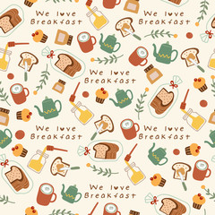 Hand drawn vector illustration of coffee, sweets and pastry : Seamless Pattern