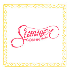 Vector hand draw illustration on white background. lettering. Hello summer, beach, sun, fruit.