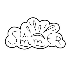 Vector hand draw illustration on white background. lettering. Hello summer, beach, sun, fruit.