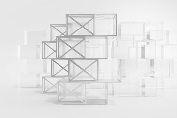 Abstract White and Transparent Boxes, Cubes Shelf, 3D rendering.