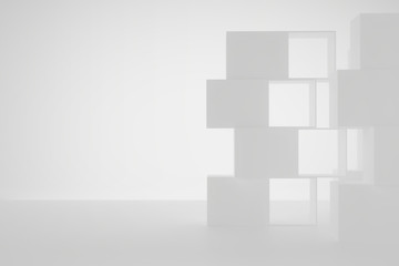 Abstract White Boxes, Cubes Shelf with copy space, 3D rendering.