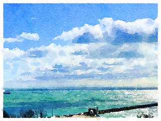 Digital watercolor painting of a beautiful blue sea with a ferry in the water and cloudy sky. View from the the shore with space for text. 