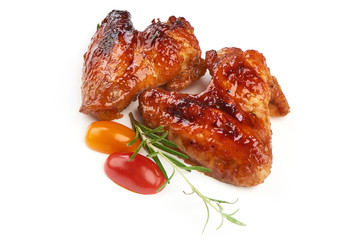 Spicy Roasted chicken wings with barbecue sauce, american food, close-up, isolated on white background
