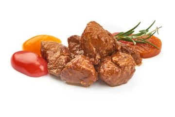 Stewed Beef meat, traditional homemade European goulash, Hungarian bograch, close-up, isolated on white background