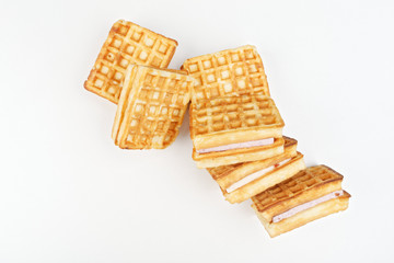 Rectangular Viennese waffles are not a white background. Traditional sweets.