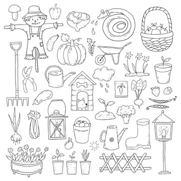 Set of cartoon gardening items a white background.