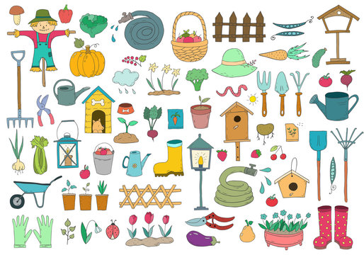 Set of cartoon gardening items a white background.