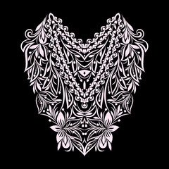 Neckline ethnic design. Floral black and white lace pattern. Vector print with decorative elements  for embroidery, for women's clothing.