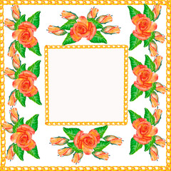 Watercolor. Square frame of gold chains with roses on a white background. For invitations, cards