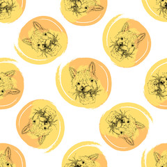 Seamless pattern of hand drawn sketch style portraits of alpaca. Vector illustration isolated on white background.