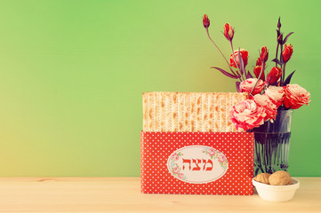 Pesah celebration concept (jewish Passover holiday). Translation for Hebrew Text Matzah utensils...