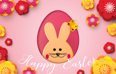 Happy Easter. Cartoon Easter Bunny looking at a pink embossed background. Template for greeting card. Paper cut style.