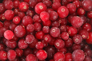Frozen cranberry berries. View from above.