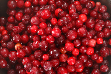 Frozen cowberry berries. View from above.