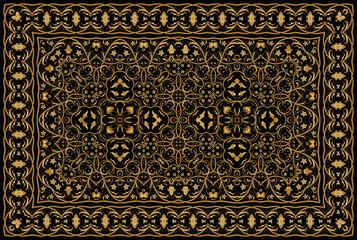 Vintage Arabic golden pattern. Rich Persian colored carpet. Ornament for fabric design, handmade, interior decoration, textiles.