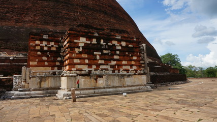 Gray langur, Semnopithecus entellus, monkey from Sacred City, walking on wall against red Jetavanaramaya stupa. Scene from Anuradhapura, Sri Lanka.