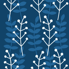Vector branches pattern in decorative style. White hand drawn berry twigs on blue background, seamless illustration. © inspiretta