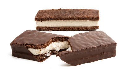 chocolate sponge cake with milk souffle isolated