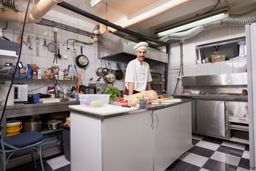 One young chef, 20-29 years old, standing in a commercial kitchen interior, posing for camera.