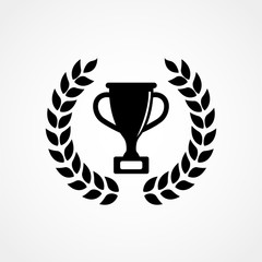 Champions cup with laurel wreath. Simple icon. Black on white background