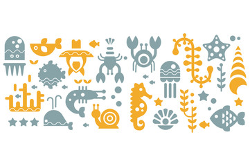 Seamless pattern with colorful sea creatures, yellow and gray underwater animals, vector illustrations