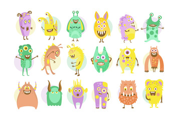 Funny cute colorful monsters characters set vector illustrations