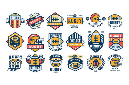 College rugby team logo design set, sport retro emblem, label, badge vector illustrations