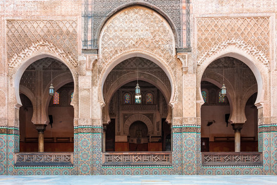 Inside interior of The Madrasa Bou Inania ( Medersa el Bouanania ) is acknowledged as an excellent example of Marinid architecture. Medina of Fes, Morocco
