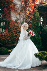 Fototapeta premium Portrait of a young beautiful bride with a bouquet