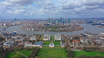 Aerial bird's eye view panoramic drone photo of Greenwich park with views to Canary Wharf and...