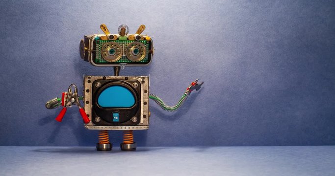 Robot serviceman revolve hand wrench. Fixing maintenance service business concept. Creative design robotic toy character. Blue wall floor background. Copy space.