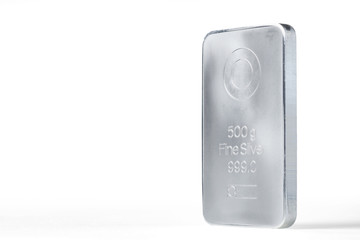 Minted silver ingot weighing 500 grams isolated on the white background.