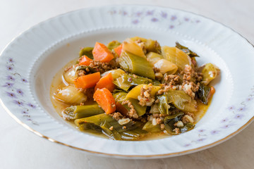 Turkish Food Leek with Minced Meat / Kiymali Pirasa.