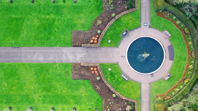 Aerial drone bird's eye view photo of famous Regent's Royal Park unique nature and Symetry of Queen Mary's Rose Gardens as seen from above, London, United Kingdom