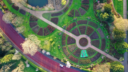Aerial drone bird's eye view photo of famous Regent's Royal Park unique nature and Symetry of Queen Mary's Rose Gardens as seen from above, London, United Kingdom