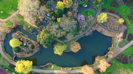 Aerial drone bird's eye view photo of famous Regent's Royal Park unique nature and Symetry of Queen Mary's Rose Gardens as seen from above, London, United Kingdom