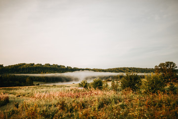 Awesome nature.  Beautiful photo of silent morning landscape with soft fog in autumn russian field.