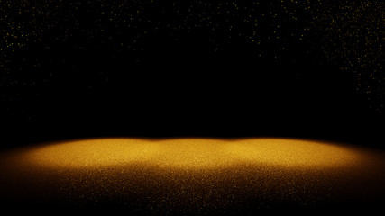shiny glitter background - twinkling golden glitter falling on a stage lit by three bright spotlights