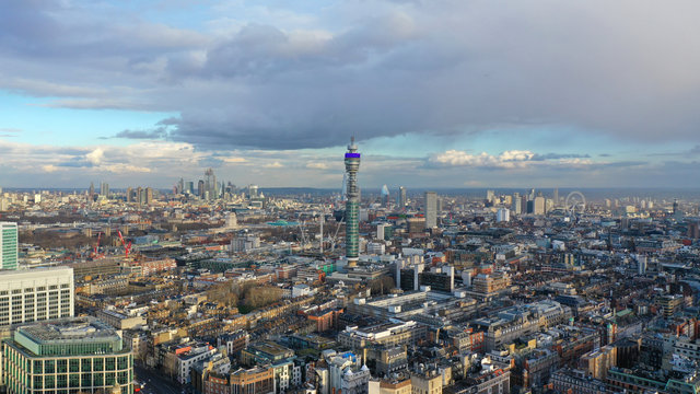 Aerial drone photo of British Telecoms communication Tower in the heart of London, United Kingdom