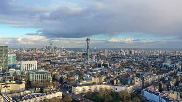 Aerial drone photo of British Telecoms communication Tower in the heart of London, United Kingdom