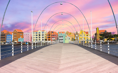 Floating pantoon bridge in Willemstad, Curacao, evening time