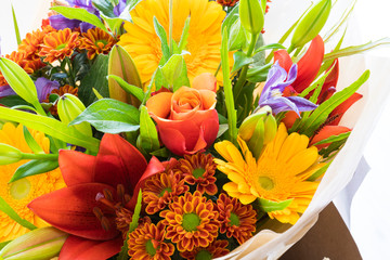 colorful bouquet with roses, lily, gerbera, dahlia