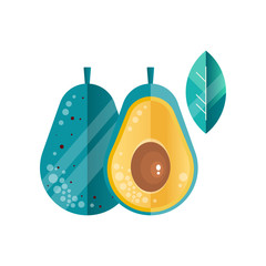 Whole and half of ripe avocado and leaf in gradient colors. Healthy vegetable. Vegetarian nutrition. Natural product. Abstract vector